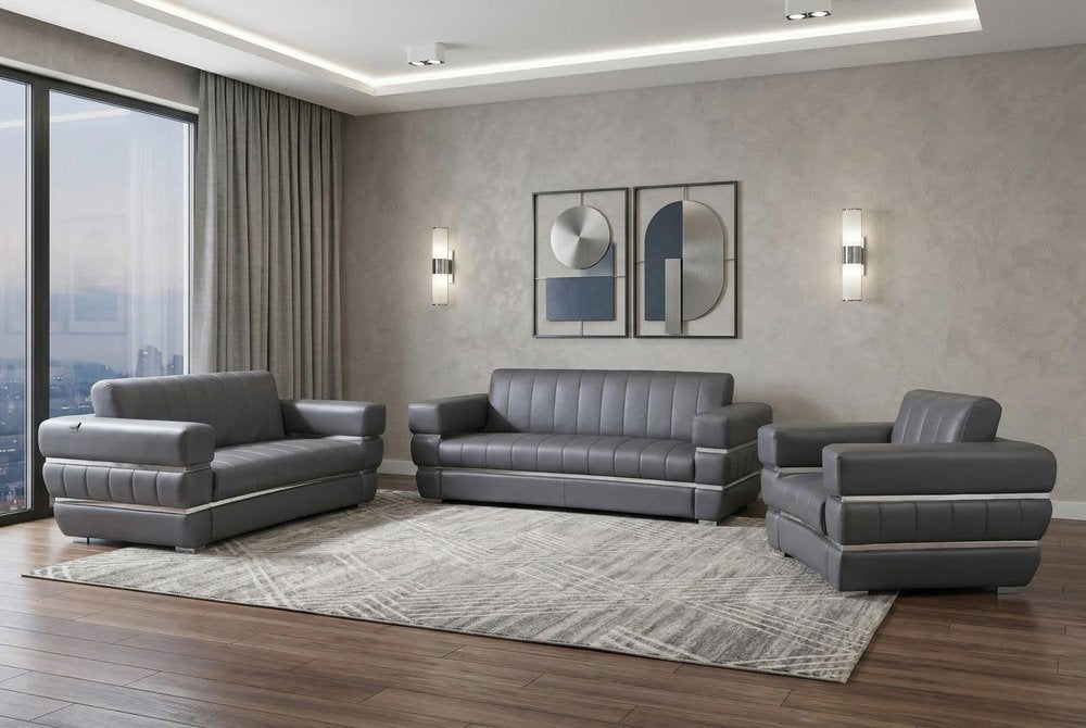 Three Piece Indoor Dark Gray Italian Leather Six Person Seating Set HomeRoots