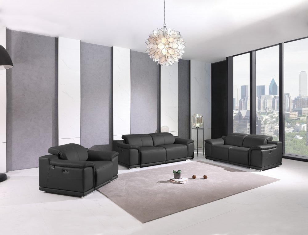 Three Piece Indoor Dark Gray Italian Leather Six Person Seating Set HomeRoots