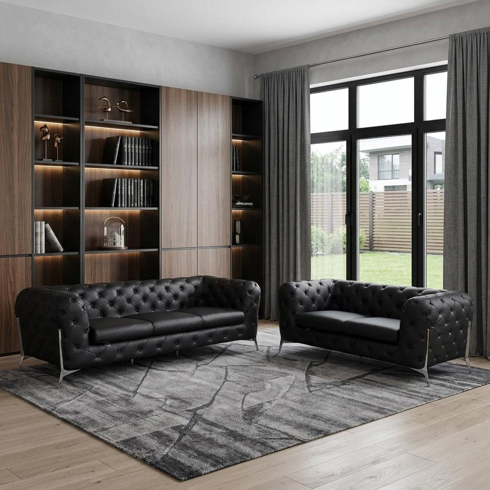 Two Piece Indoor Black Italian Leather Five Person Seating Set HomeRoots