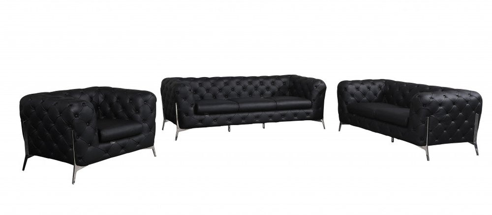 Three Piece Indoor Black Italian Leather Six Person Seating Set HomeRoots