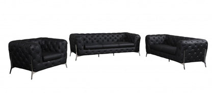 Three Piece Indoor Black Italian Leather Six Person Seating Set HomeRoots