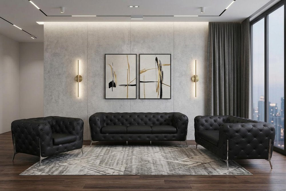 Three Piece Indoor Black Italian Leather Six Person Seating Set HomeRoots