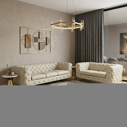 Two Piece Indoor Beige Italian Leather Five Person Seating Set