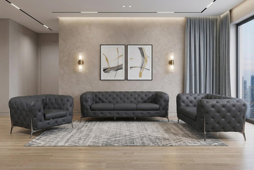 Three Piece Indoor Dark Gray Italian Leather Six Person Seating Set HomeRoots