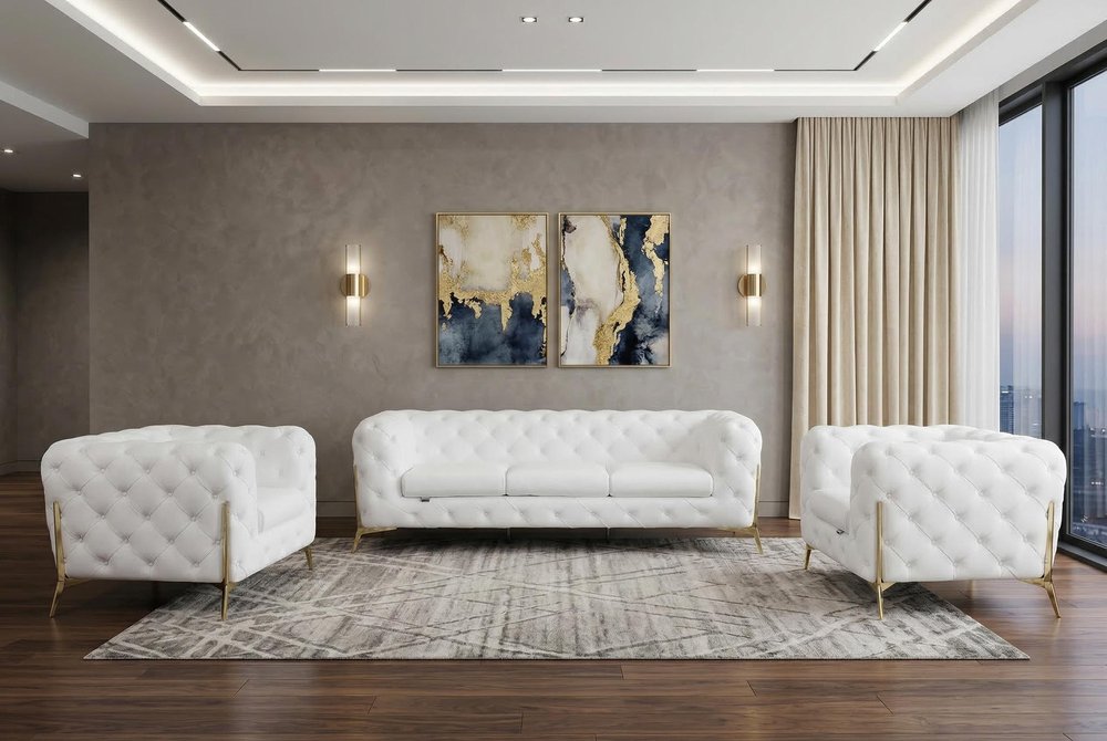 Three Piece Indoor White Italian Leather Five Person Seating Set HomeRoots
