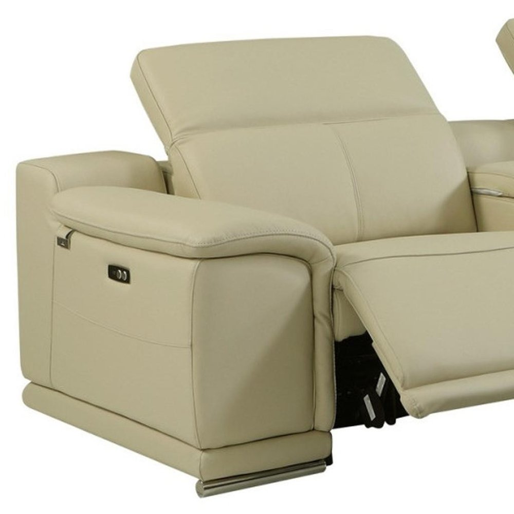Beige Italian Leather Power Reclining U Shaped Six Piece Corner Sectional With Console — view 9