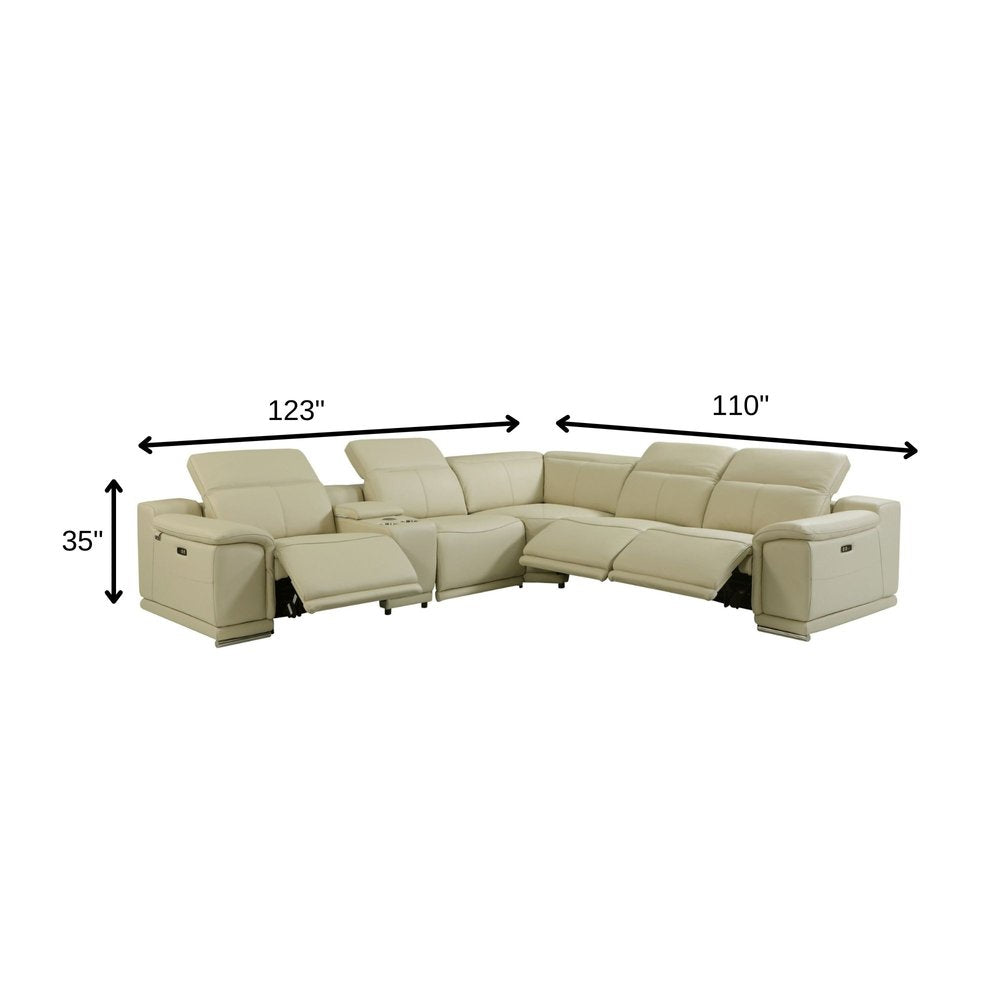 Beige Italian Leather Power Reclining U Shaped Six Piece Corner Sectional With Console — view 11