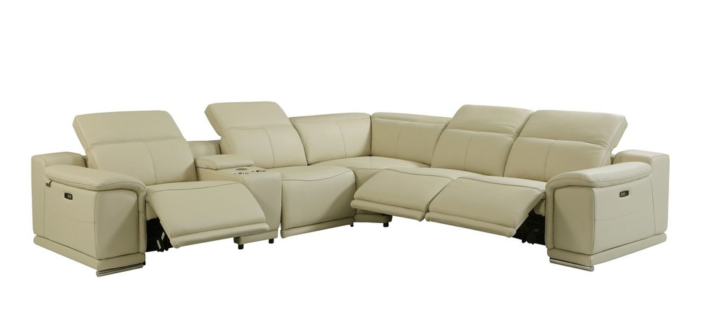 Beige Italian Leather Power Reclining U Shaped Six Piece Corner Sectional With Console — view 1