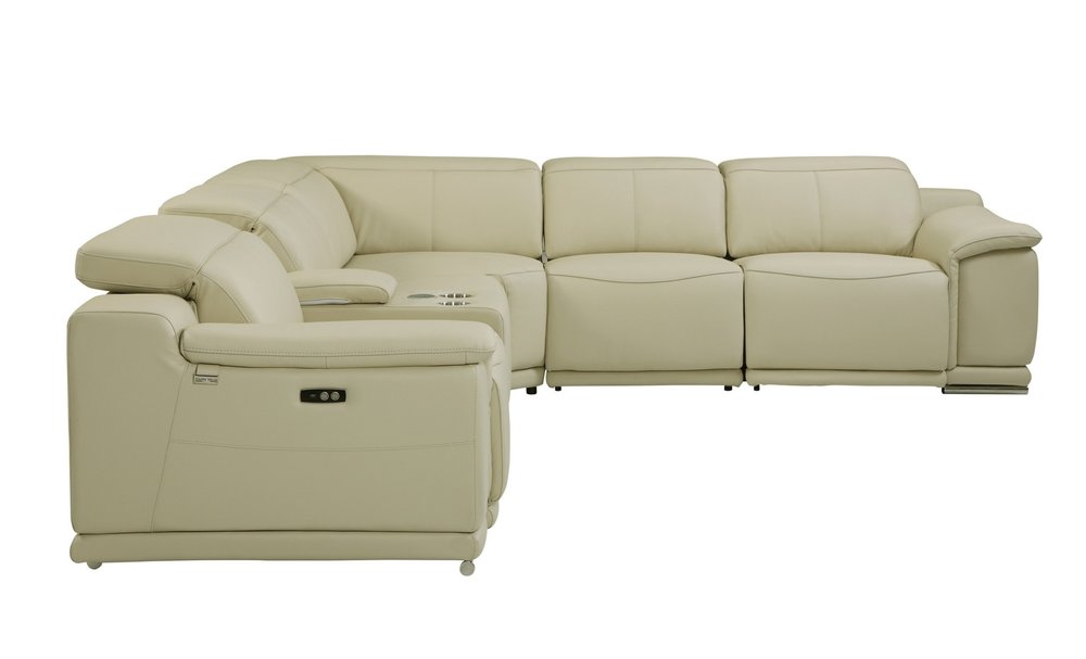 Beige Italian Leather Power Reclining U Shaped Six Piece Corner Sectional With Console — view 2