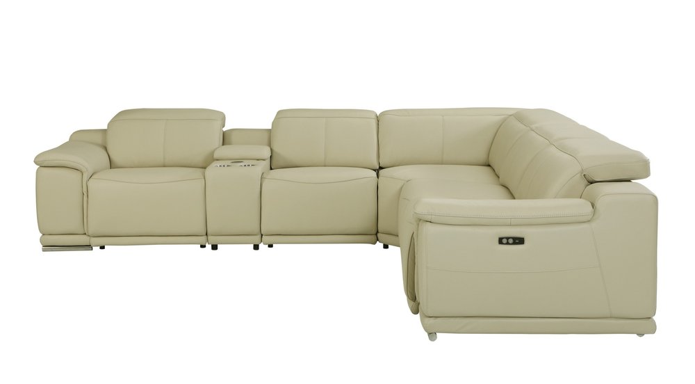 Beige Italian Leather Power Reclining U Shaped Six Piece Corner Sectional With Console — view 3