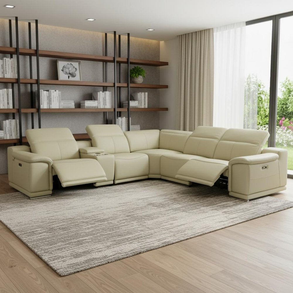 Beige Italian Leather Power Reclining U Shaped Six Piece Corner Sectional With Console — view 10
