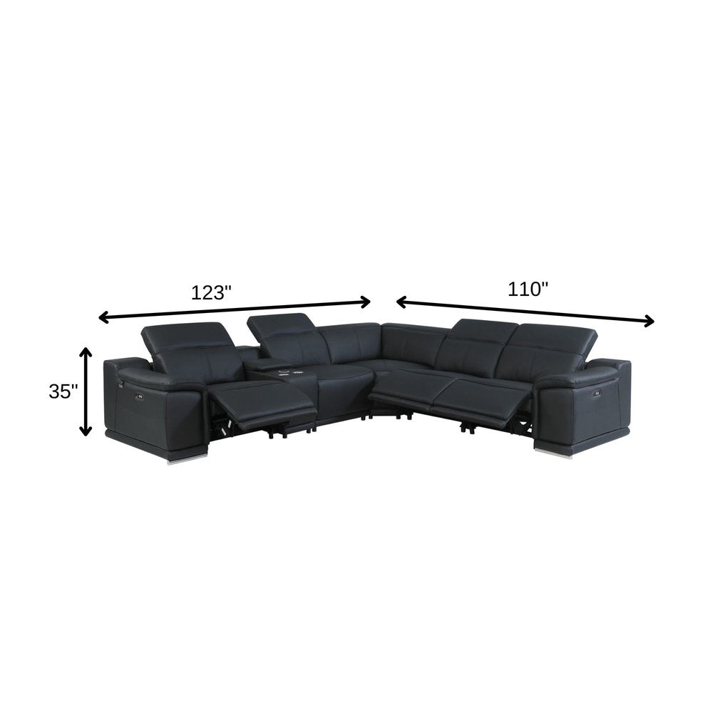 Black Italian Leather Power Reclining U Shaped Six Piece Corner Sectional With Console HomeRoots