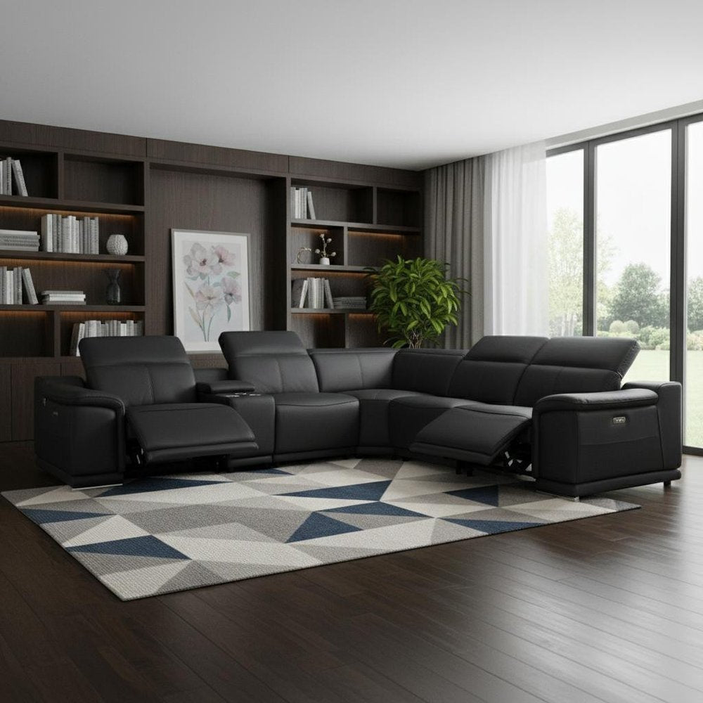 Black Italian Leather Power Reclining U Shaped Six Piece Corner Sectional With Console HomeRoots