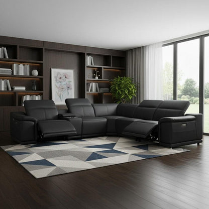 Black Italian Leather Power Reclining U Shaped Six Piece Corner Sectional With Console HomeRoots