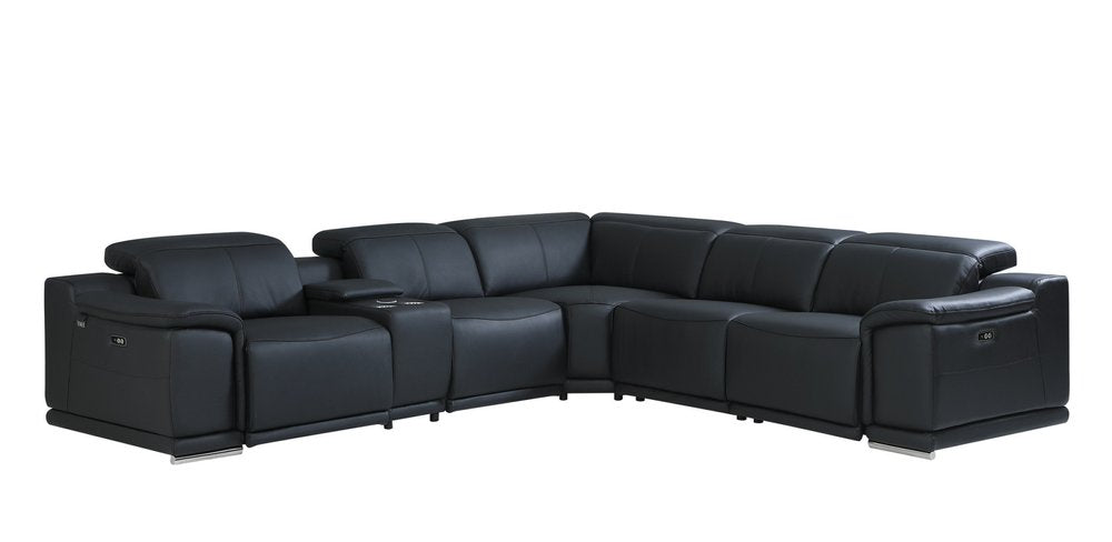 Black Italian Leather Power Reclining U Shaped Six Piece Corner Sectional With Console HomeRoots