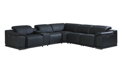 Black Italian Leather Power Reclining U Shaped Six Piece Corner Sectional With Console HomeRoots