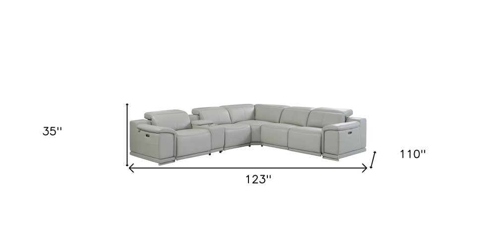 Light Gray Italian Leather Power Reclining U Shaped Six Piece Corner Sectional With Console HomeRoots