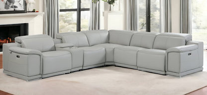 Light Gray Italian Leather Power Reclining U Shaped Six Piece Corner Sectional With Console HomeRoots