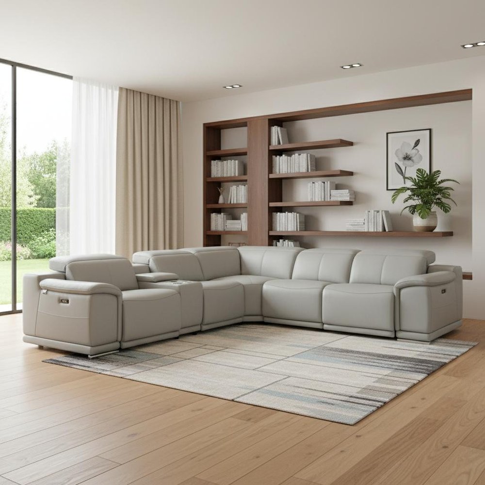 Light Gray Italian Leather Power Reclining U Shaped Six Piece Corner Sectional With Console HomeRoots