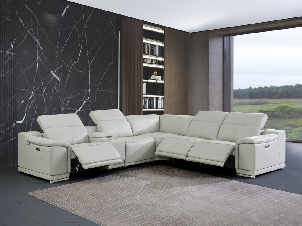 Light Gray Italian Leather Power Reclining U Shaped Six Piece Corner Sectional With Console HomeRoots