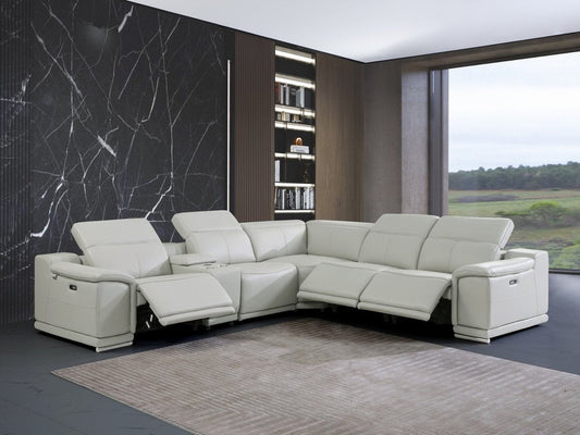 Light Gray Italian Leather Power Reclining U Shaped Six Piece Corner Sectional With Console HomeRoots