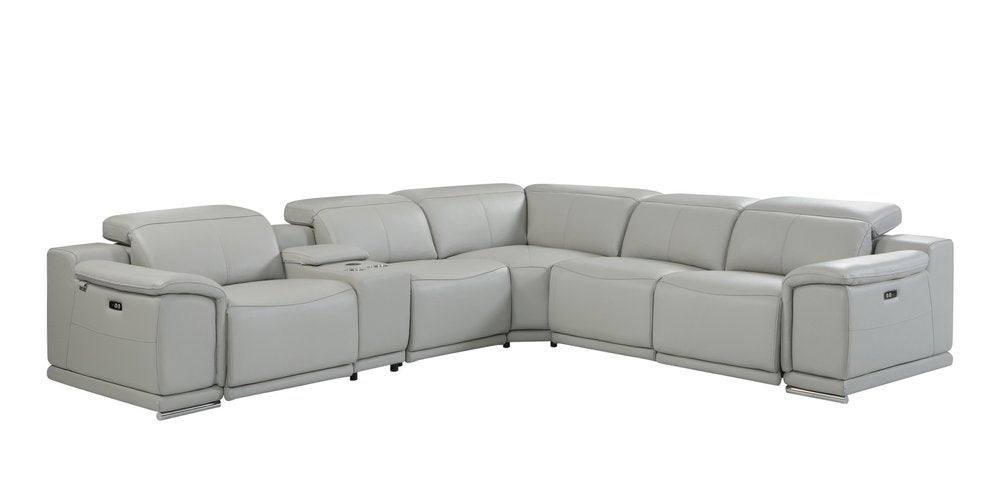 Light Gray Italian Leather Power Reclining U Shaped Six Piece Corner Sectional With Console HomeRoots