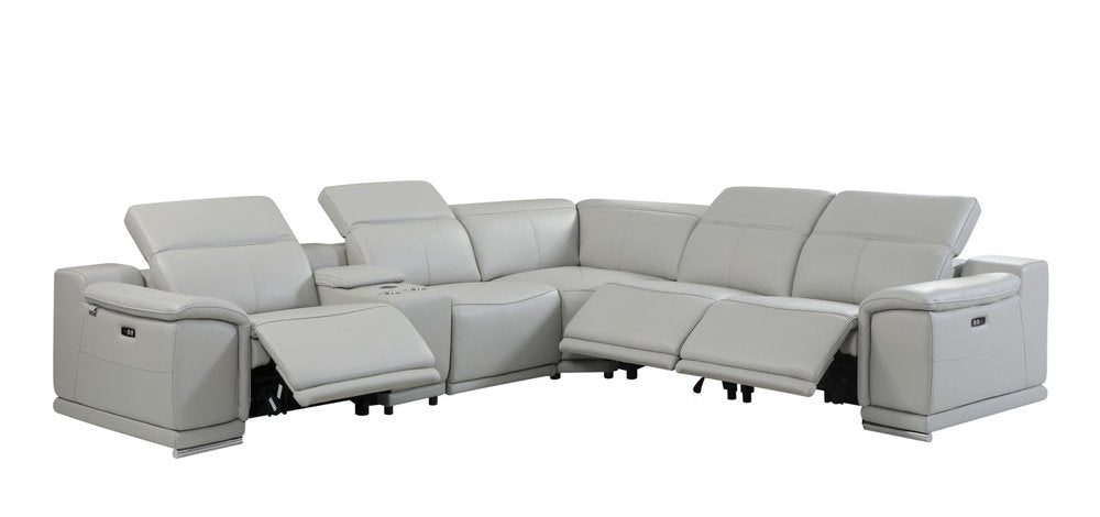 Light Gray Italian Leather Power Reclining U Shaped Six Piece Corner Sectional With Console HomeRoots