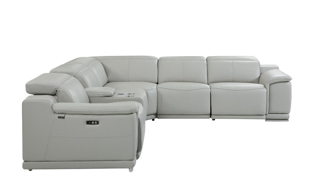 Light Gray Italian Leather Power Reclining U Shaped Six Piece Corner Sectional With Console HomeRoots