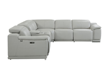 Light Gray Italian Leather Power Reclining U Shaped Six Piece Corner Sectional With Console HomeRoots