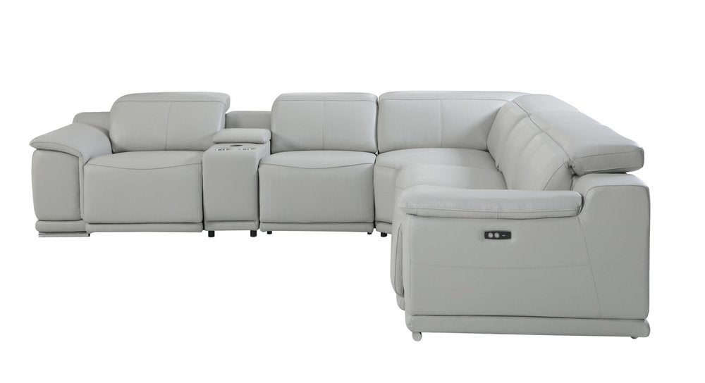 Light Gray Italian Leather Power Reclining U Shaped Six Piece Corner Sectional With Console HomeRoots