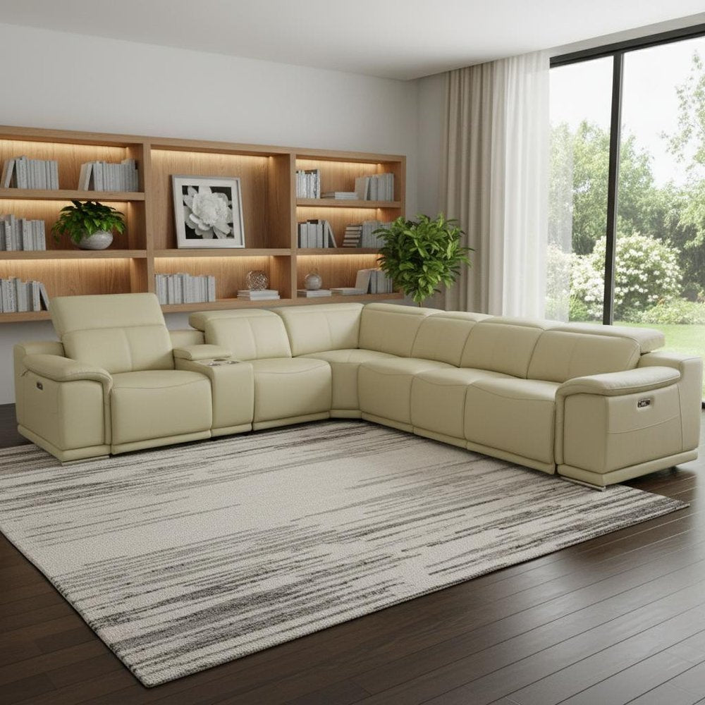 Beige Italian Leather Power Reclining U Shaped Seven Piece Corner Sectional With Console — view 11