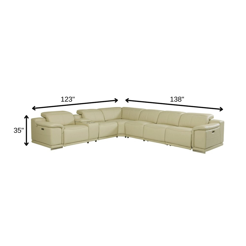Beige Italian Leather Power Reclining U Shaped Seven Piece Corner Sectional With Console — view 12