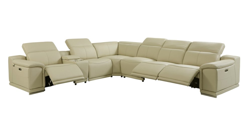 Beige Italian Leather Power Reclining U Shaped Seven Piece Corner Sectional With Console — view 1