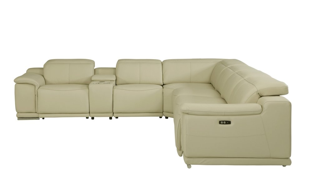 Beige Italian Leather Power Reclining U Shaped Seven Piece Corner Sectional With Console — view 2