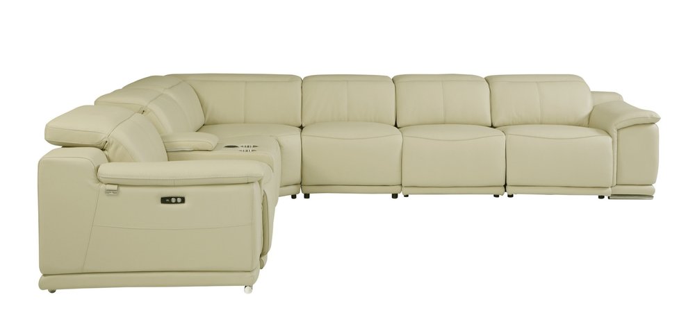 Beige Italian Leather Power Reclining U Shaped Seven Piece Corner Sectional With Console — view 3