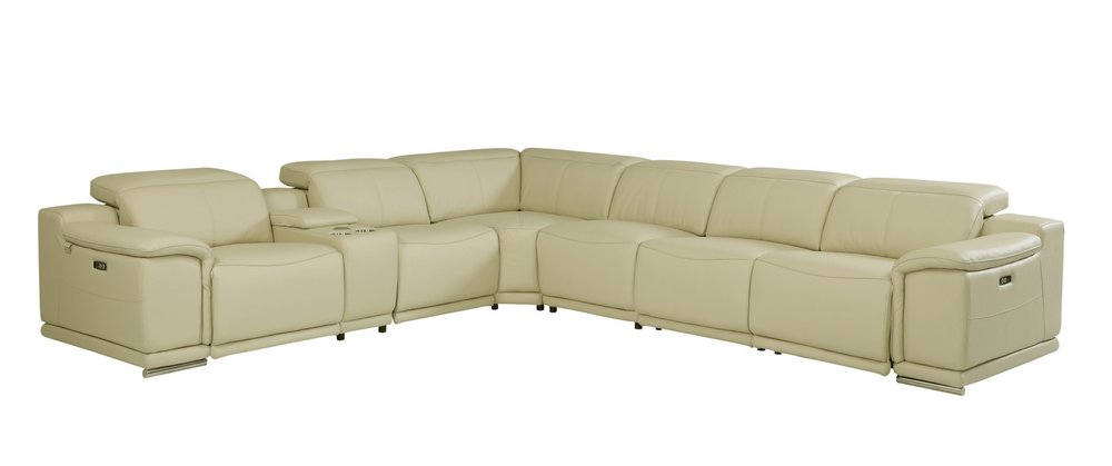 Beige Italian Leather Power Reclining U Shaped Seven Piece Corner Sectional With Console — view 4