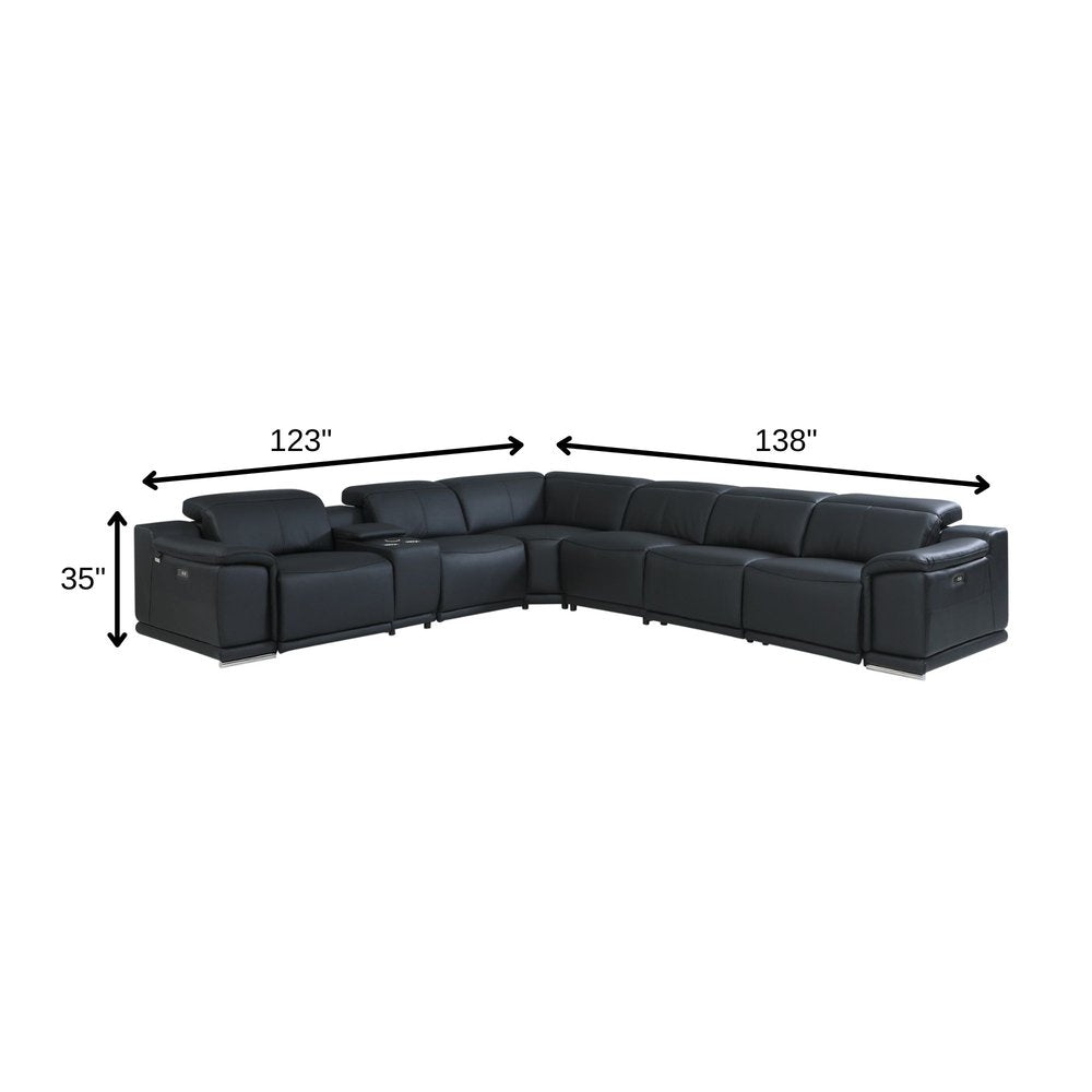 Black Italian Leather Power Reclining U Shaped Seven Piece Corner Sectional With Console HomeRoots
