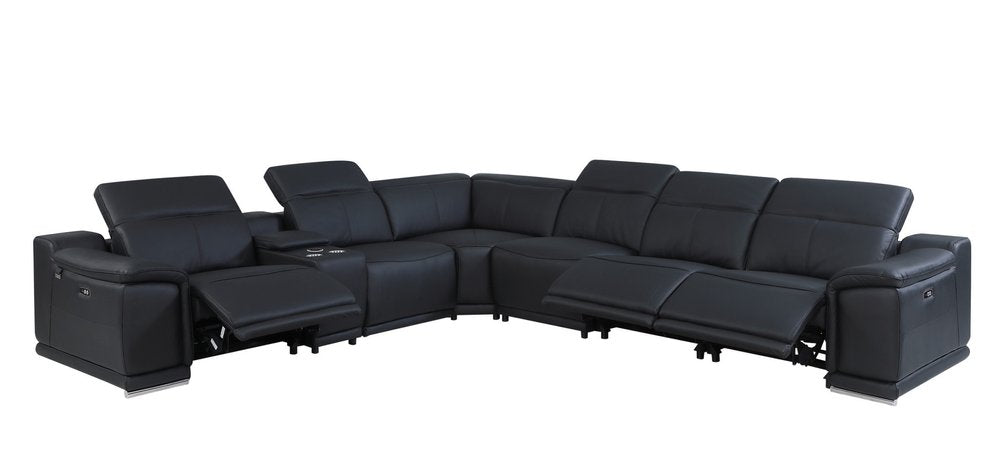 Black Italian Leather Power Reclining U Shaped Seven Piece Corner Sectional With Console HomeRoots