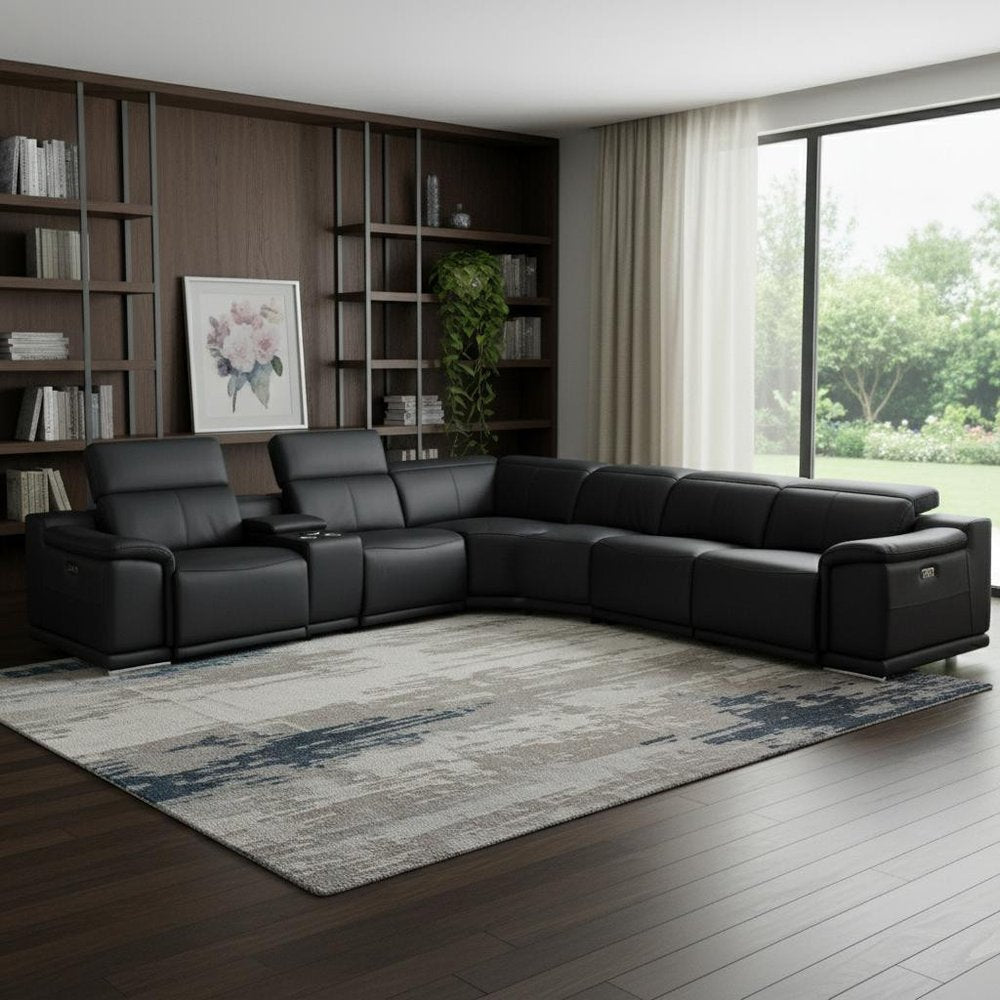 Black Italian Leather Power Reclining U Shaped Seven Piece Corner Sectional With Console HomeRoots