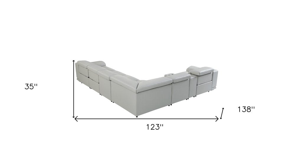 Light Gray Italian Leather Power Reclining U Shaped Seven Piece Corner Sectional With Console HomeRoots