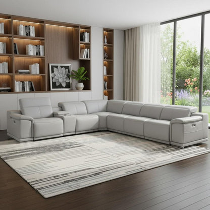 Light Gray Italian Leather Power Reclining U Shaped Seven Piece Corner Sectional With Console HomeRoots
