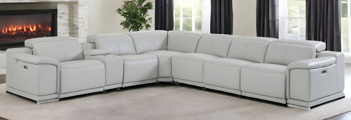 Light Gray Italian Leather Power Reclining U Shaped Seven Piece Corner Sectional With Console