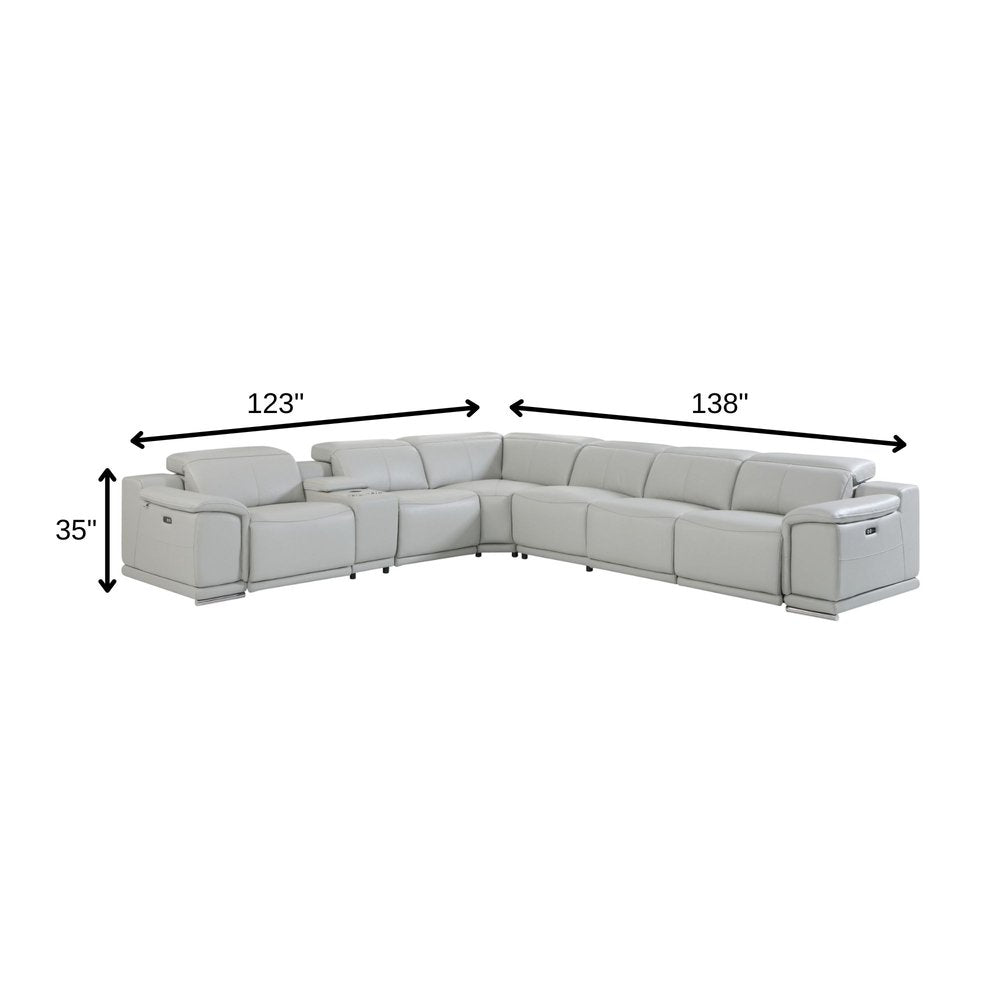 Light Gray Italian Leather Power Reclining U Shaped Seven Piece Corner Sectional With Console HomeRoots