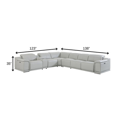 Light Gray Italian Leather Power Reclining U Shaped Seven Piece Corner Sectional With Console HomeRoots