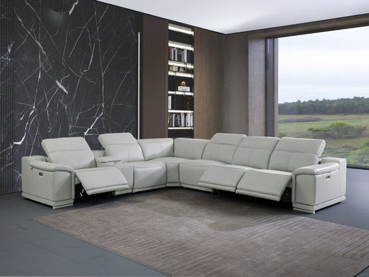 Light Gray Italian Leather Power Reclining U Shaped Seven Piece Corner Sectional With Console HomeRoots