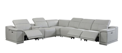 Light Gray Italian Leather Power Reclining U Shaped Seven Piece Corner Sectional With Console HomeRoots