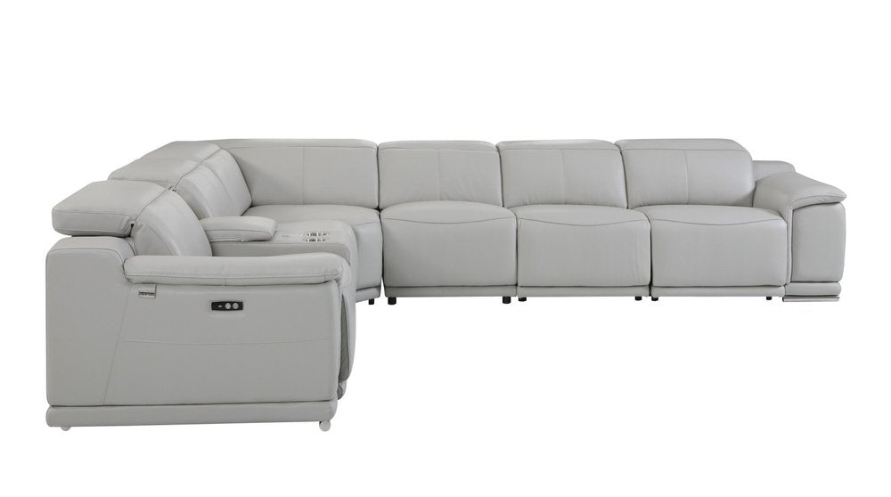 Light Gray Italian Leather Power Reclining U Shaped Seven Piece Corner Sectional With Console HomeRoots