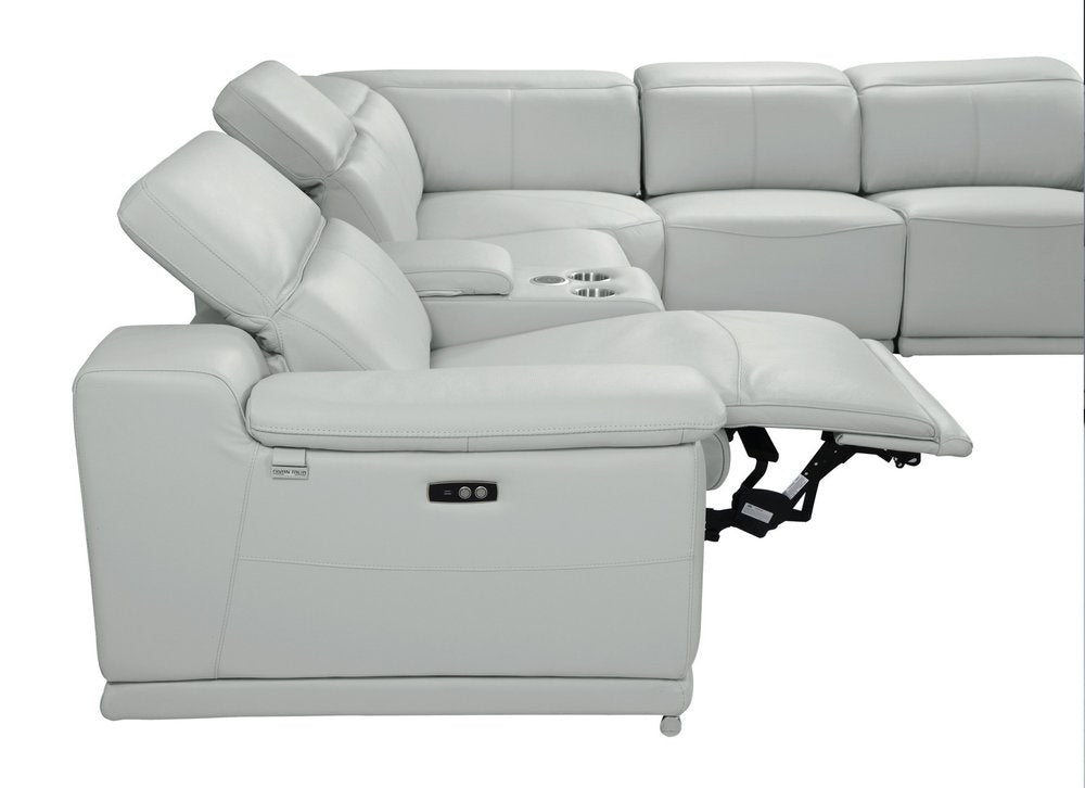 Light Gray Italian Leather Power Reclining U Shaped Seven Piece Corner Sectional With Console HomeRoots
