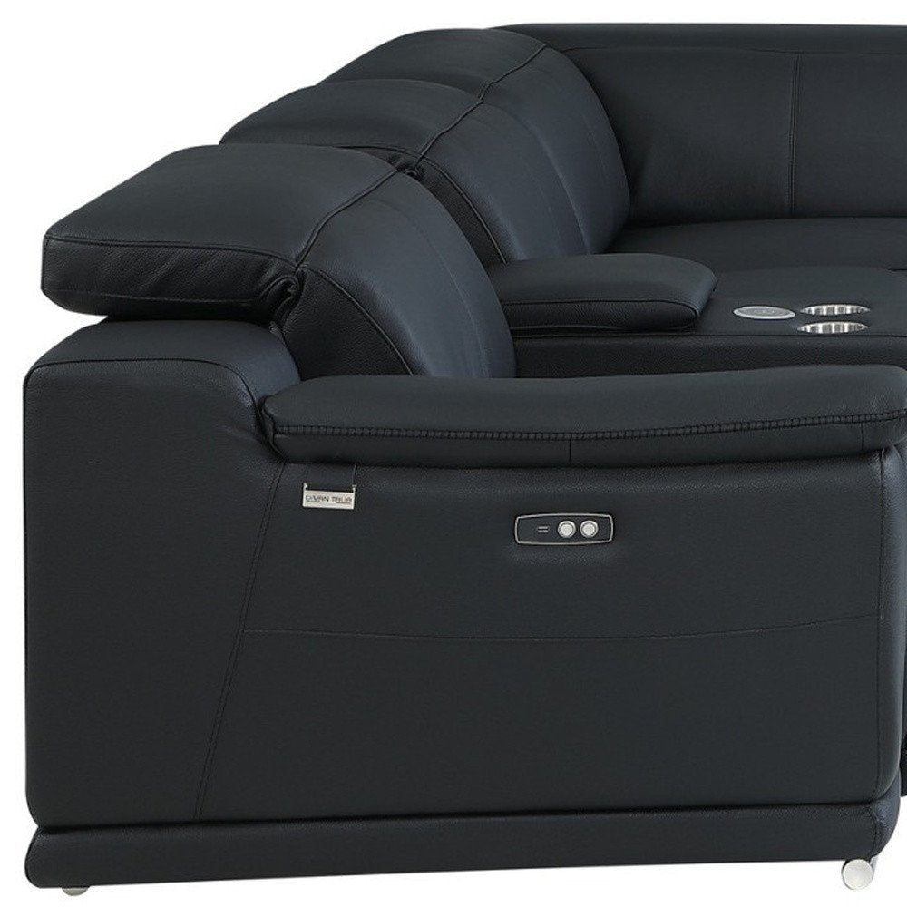 Black Italian Leather Power Reclining U Shaped Seven Piece Corner Sectional With Console HomeRoots