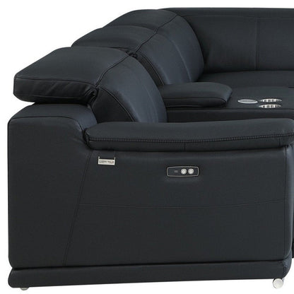 Black Italian Leather Power Reclining U Shaped Seven Piece Corner Sectional With Console HomeRoots